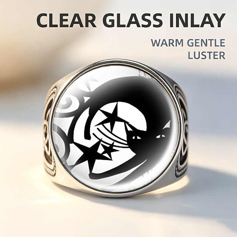Classic Carved Open Ring with Cat and Moon Stars Design
